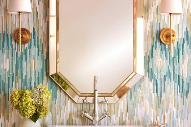 Photo of a transitional powder room in DC Metro with a vessel sink and multi-coloured walls.