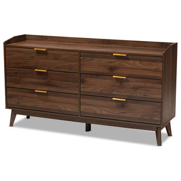 Lena Mid-Century Modern Walnut Browned 6-Drawer Wood Dresser