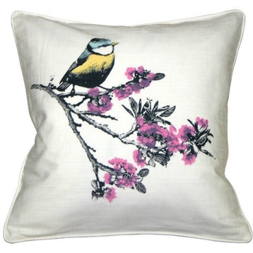 Bird on Cherry Blossom Branch 16x16 Throw Pillow