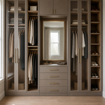 Mushroom and Oak Closet With Fluted-Glass Storage