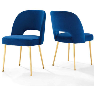 Set of 2 Dining Chair, Gold Stainless Steel Legs and Soft Velvet Seat, Navy