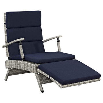 Contemporary Outdoor Chaise Lounge, Light Gray Wicker Frame With Cushion, Navy