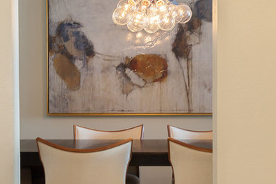 Inspiration for a large transitional open plan dining in Los Angeles with white walls, no fireplace and marble floors.