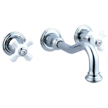 Traditional Wall Mounted Bathroom Faucet, Dual White Crossed Handles, Chrome