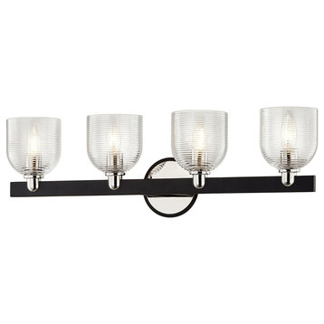 Munich 4 Light Vanity,Carbide Black & Polished Nickel Finish,Clear Ribbed Glass