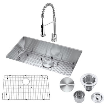 30"Undermount Kitchen Sink and Faucet  Drain AssemblyandStrainer, Bottom Grid
