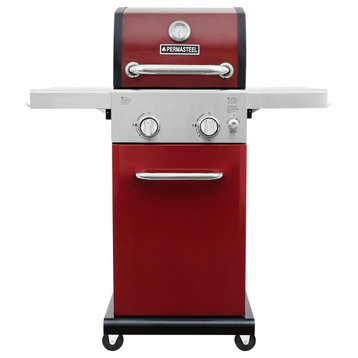 Permasteel 2 Burner Gas Grill with Folding Side Shelves, Red