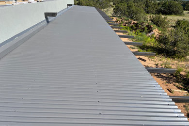 Modelo de fachada gris minimalista con tejado plano y tejado de metal