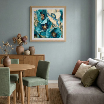 Scandinavian Open-Concept Dining Room with Blue Floral Art and Light Oak Accents