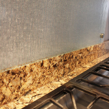 Transitional Cherry Kitchen with Tempered Rain Glass Backsplash