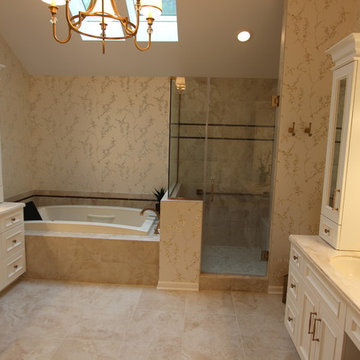 Elegant White Bathroom with Beige Tiled Shower