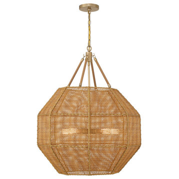 Selby Five Light Pendant in Burnished Brass and Rattan
