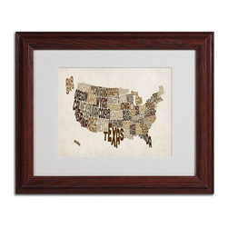 11 in. x 14 in. USA States Text Map 2 Matted Framed Art - Fine Art Prints