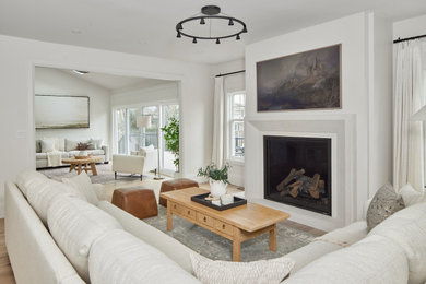 Living room - large transitional open concept medium tone wood floor and brown floor living room idea in Other with white walls, a standard fireplace, a stone fireplace and a wall-mounted tv