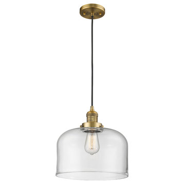 Large Bell 1-Light LED Pendant, Brushed Brass, Glass: Clear