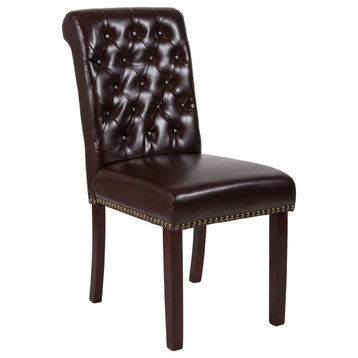 Brown Faux Leather Upholstered Parsons Chair-Accent Nail Trim and Walnut Finish