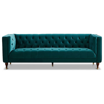 Clodine Mid-Century Tufted Tight Back Velvet Upholstered Sofa in Turquoise