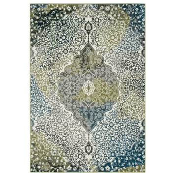 Retro Modern Area Rug, Unique Abstract Pattern In Ivory/Peacock Blue, 8' X 10'