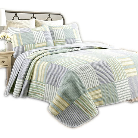 Fresno Green Stripe Real Patchwork 100%Cotton Quilt Set, Full/Queen Set