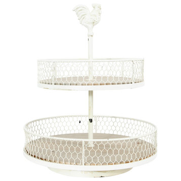 2-Tier Wood and Metal Round Trays With Rooster Top, Off-White