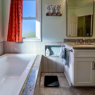 Primary Bathroom with Custom Corian and Tiled Shower, Tiled Tub Surround