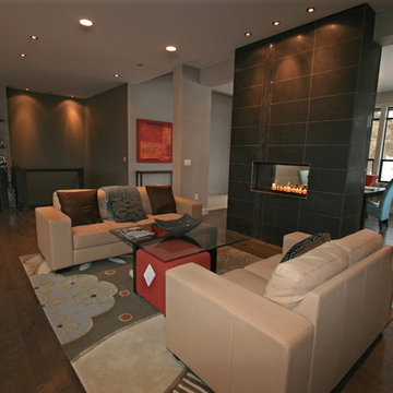 Family Room w/ Double-Sided Linear Burner Fireplace