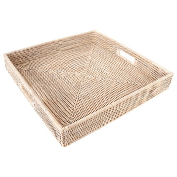 Artifacts Rattan™ Square Ottoman Tray with Cutout Handles, White Wash, 18"x18"