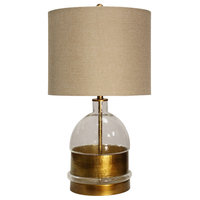 Midfield Table Lamp, Clear Glass and Gold Finish, Beige Hardback Fabric Shade