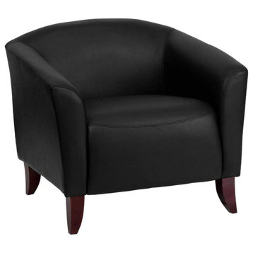 Contemporary Accent Chair, Faux Leather Seat and Slightly Curved Back, Black