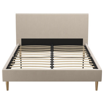 Retro Platform Bed, Bentwood Slat Support, Velvet Upholstery, Ivory, Full