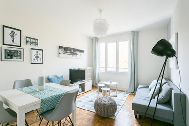 Design ideas for a mid-sized scandinavian family room in Paris with a freestanding tv.
