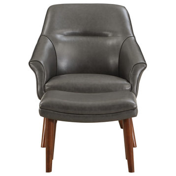Waneta Chair and Ottoman, Pewter Faux Leather With Medium Espresso Legs