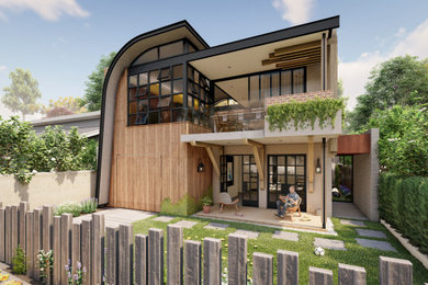 Modelo de fachada de casa marrón costera de tamaño medio de dos plantas con revestimiento de madera, tejado de metal y panel y listón