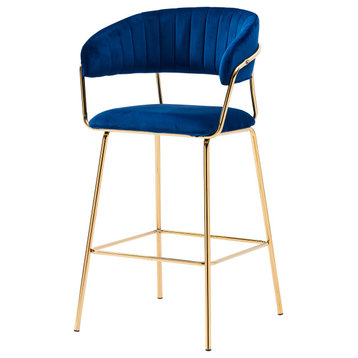 Bellai Gold Plated With Velour Fabric Bar Chair, Set of 2, Blue, 29"