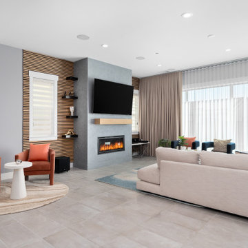 Modern Living room and Bar with orange accents.