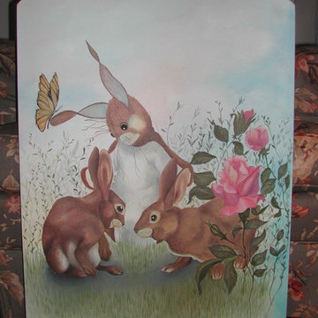 Housefox Design - "Velveteen Rabbit". Kids room, hand painted fireplace mantel.