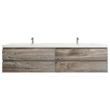 BTO 84" Wall Mounted Bath Vanity With Reinforced Acrylic Sink, Double Sink, Natural Wood