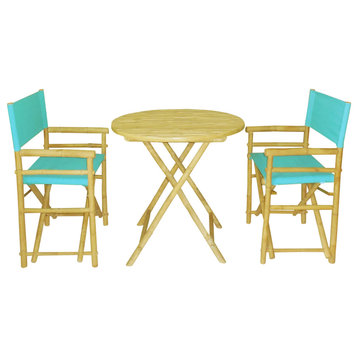 Bamboo Set of 2 Director Chairs and 1 Round Bamboo Table, Aqua Blue