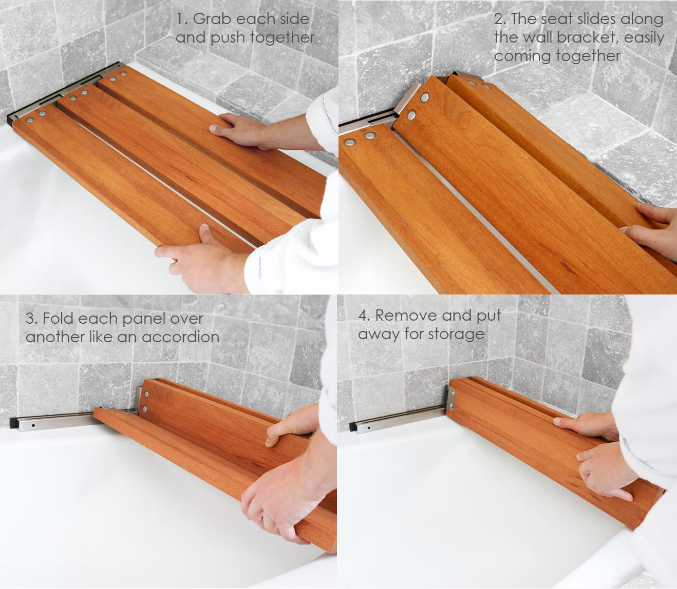 29" x 15" Removable Tri-Fold Tub Seat, White Molded 4" Slats, Teak Wood