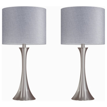 24" Brushed Nickel Table Lamps With Gray Sparkly Linen Shades, Set of 2