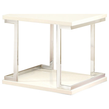 Contemporary End Table With C Shaped Metal Frame, Silver And White