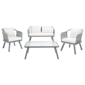 4 Pieces Patio Set, Grey Rope Covered Frame and Beige Cushioned Seats
