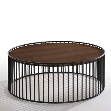Modern Walnut and Black Metal Rods Round Coffee Table