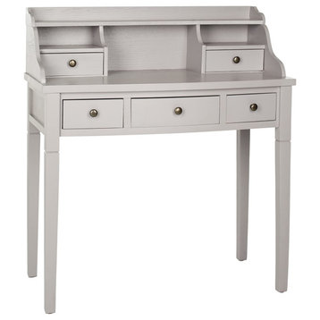 Traditional Writing Desk, Pine Wood Construction With 5 Drawers, Quartz Grey