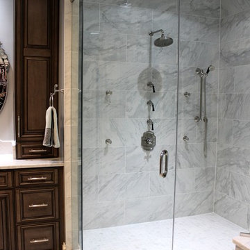 Transitional Master Bathroom Shower with Polished Nickel Faucets & HD Marble Loo