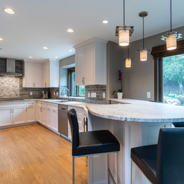 Modern Gray and White Kitchen with Peninsula Seating for 4