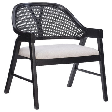Linon Terrie Wood Upholstered Armed Dining Chair with Cane Backrest in Black