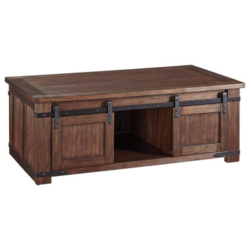 Farmhouse Coffee Table, Sliding Barn Doors & Ample Storage Space, Brown Finish