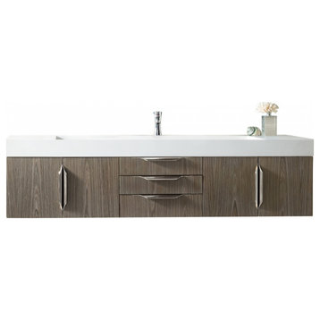 72 Inch Ash Gray Floating Bathroom Vanity, Single, Glossy White Top, Outlets