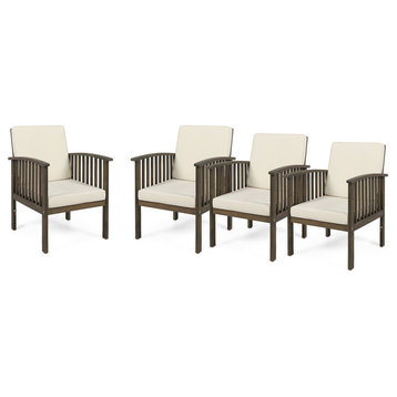 GDF Studio Ray Acacia Outdoor Acacia Wood Club Chairs, Set of 4, Gray Finish/Cream